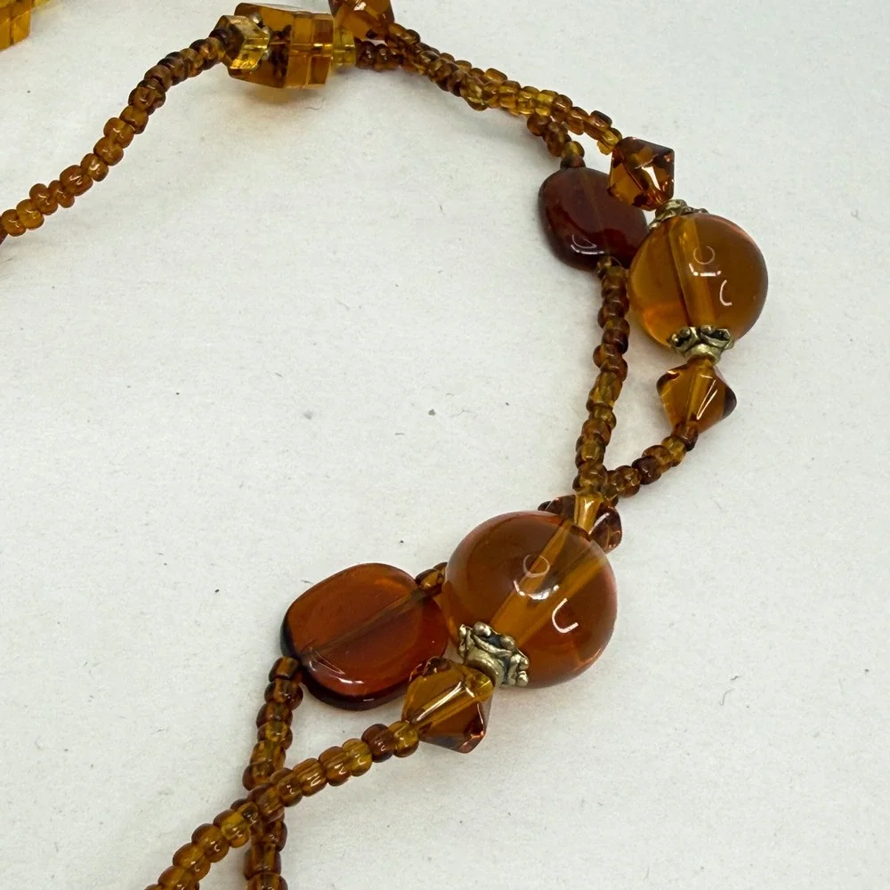 Long Amber Toned Beaded Necklace Geometric Glass Honey Cognac Brown Flapper 72in